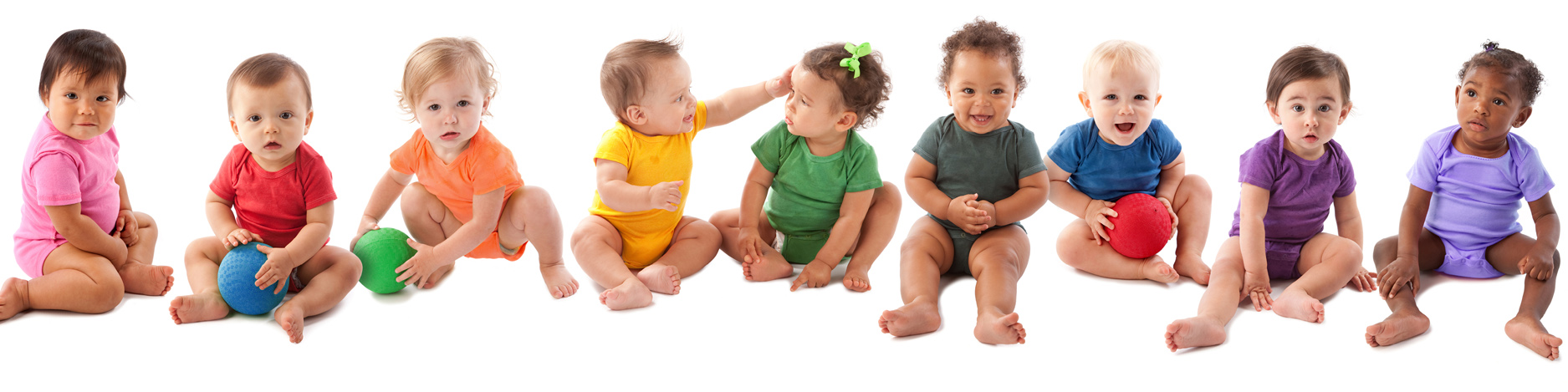 multi-ethnic babies in colorful onesies